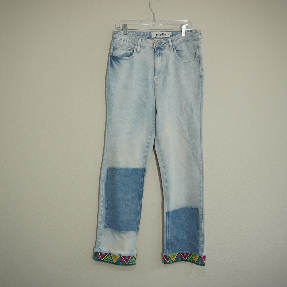 Indigo Rein Size 30 Straight Leg Jeans Light Wash Excellent Patchwork Boho Trim